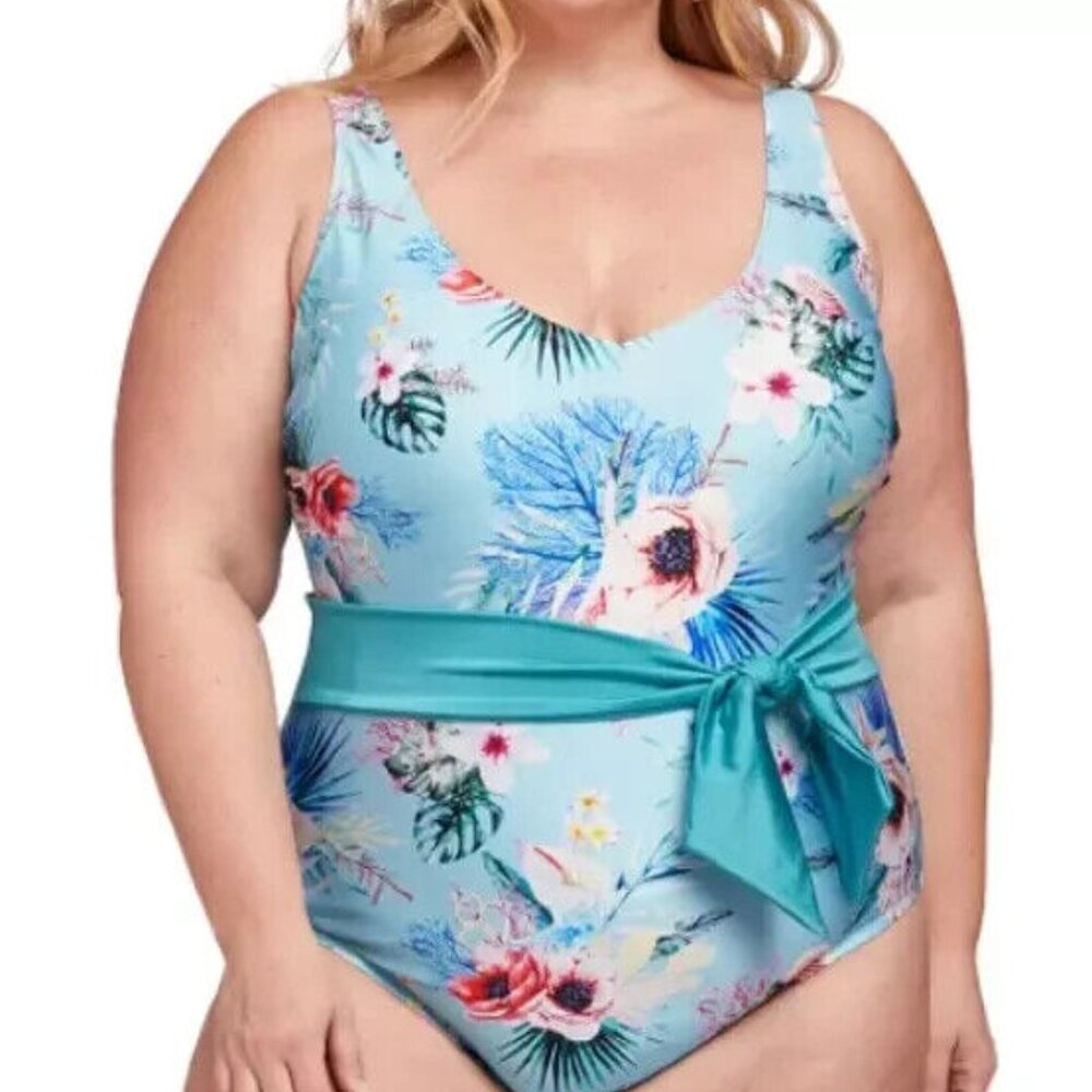 LYSA Women's Plus Size 2X Blue Floral Halter UPF 50+ One Piece Swimsuit NWT